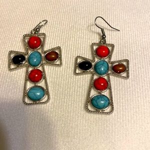 NWOT Silver with multi colored stones cross earrings